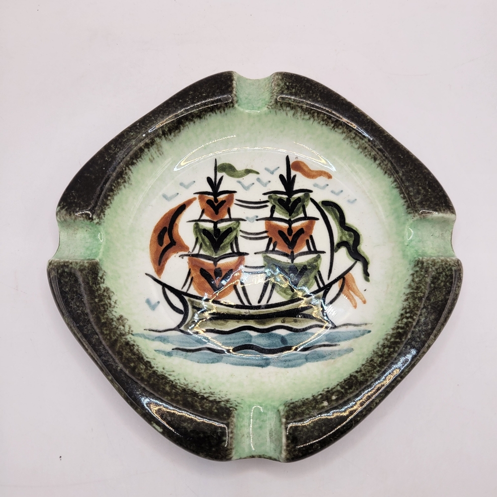 MCM Vintage Keramicos Habdpainted Ship Pottery Ashtray Made In Athens Greece